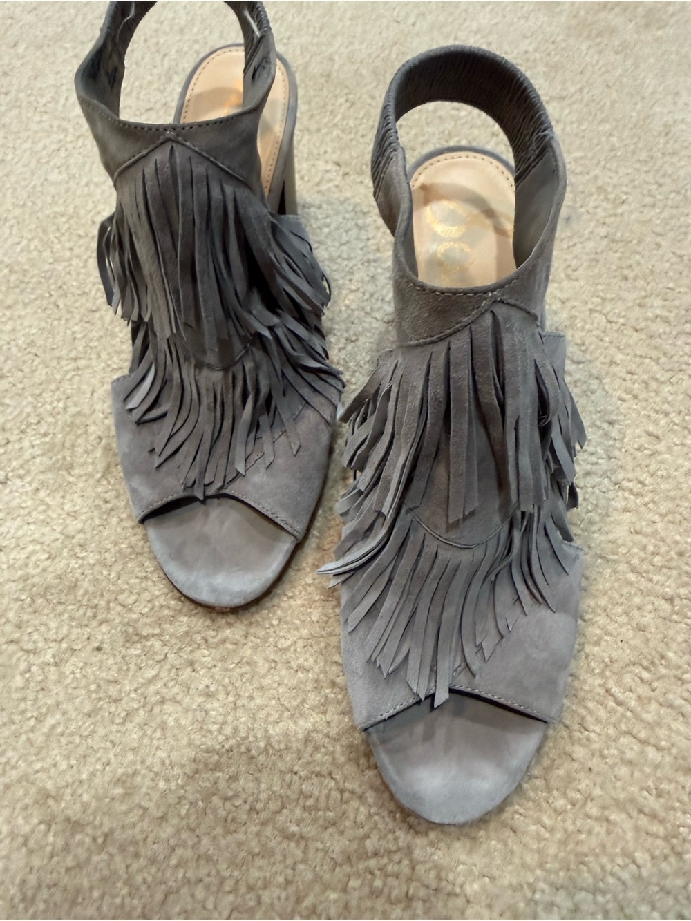 Sam Edelman Gray Suede Fringe Block Heel Sandals with Stacked Heel - Picture 5 of 5